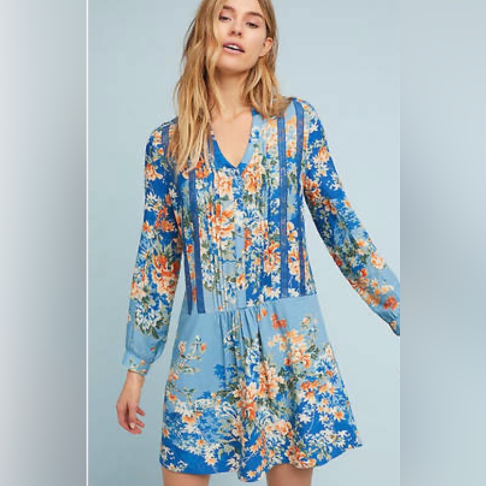 Anthropologie Tiny Gaina Blue lace trim drop waist floral dress sz Small